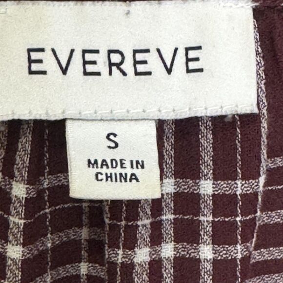 Evereve Shirt Womens Small Burgundy Plaid Ruffle Trim Button Front Long Sleeve - Picture 2 of 8